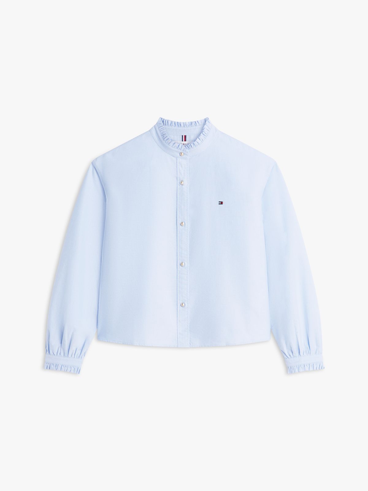Boxy Fit Ruffle Short Oxford Shirt — Blue