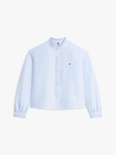 Boxy Fit Ruffle Short Oxford Shirt — Blue 5