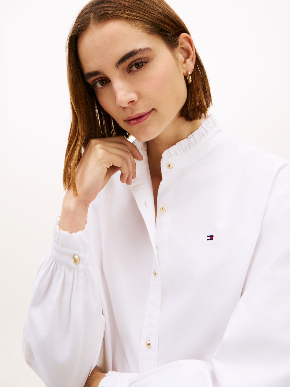 Boxy Fit Ruffle Short Oxford Shirt — White
