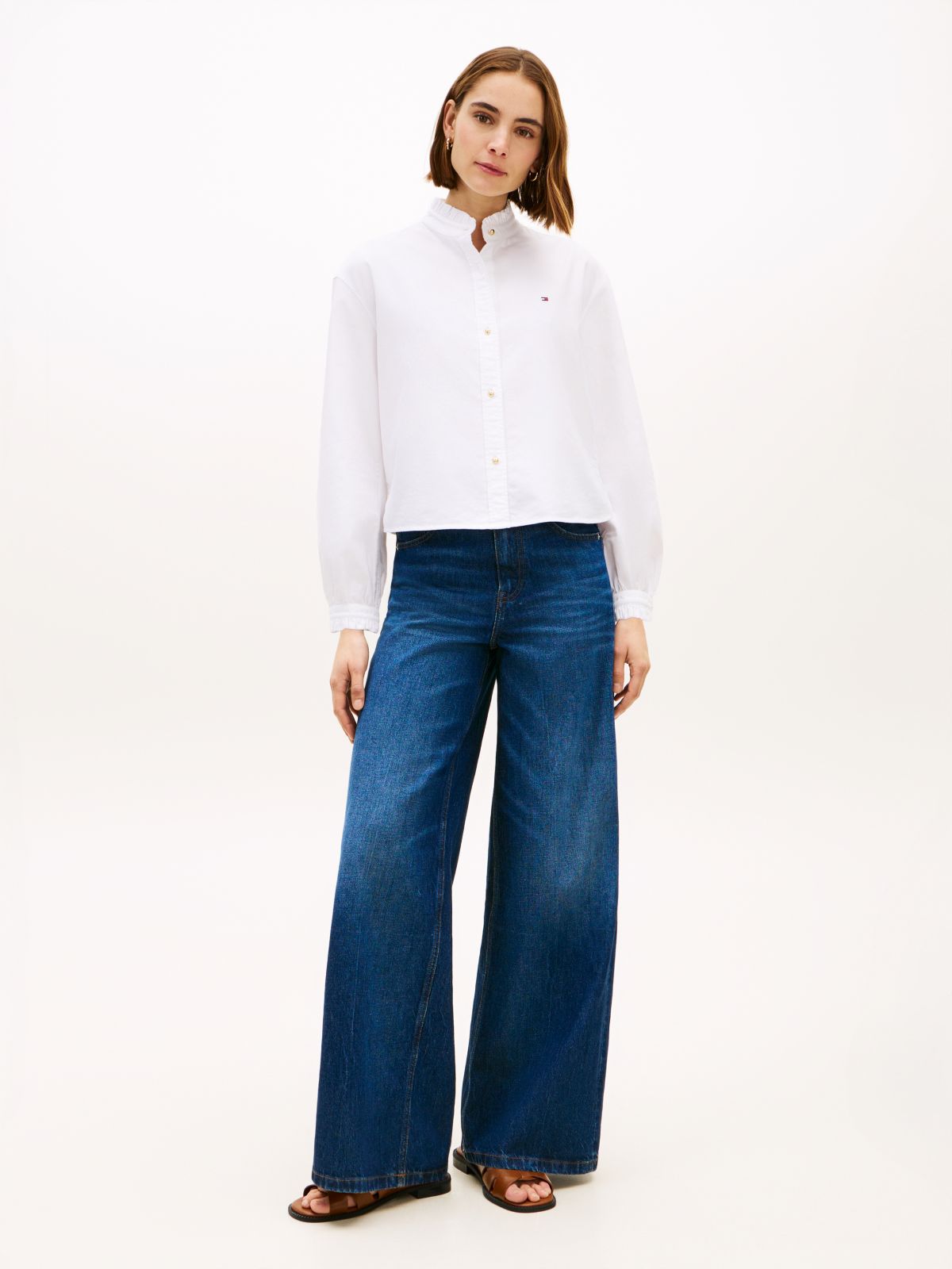 Boxy Fit Ruffle Short Oxford Shirt — White