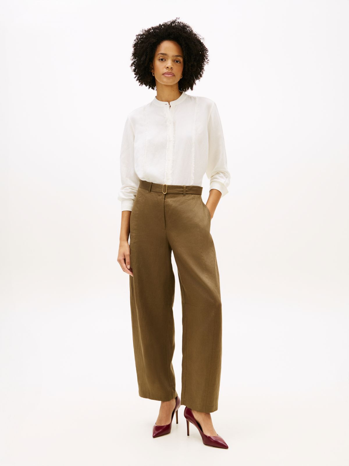 Relaxed Fit Frayed Linen Blend Shirt — White