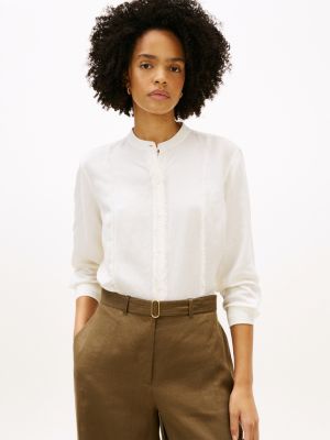 white relaxed fit frayed linen blend shirt for women tommy hilfiger