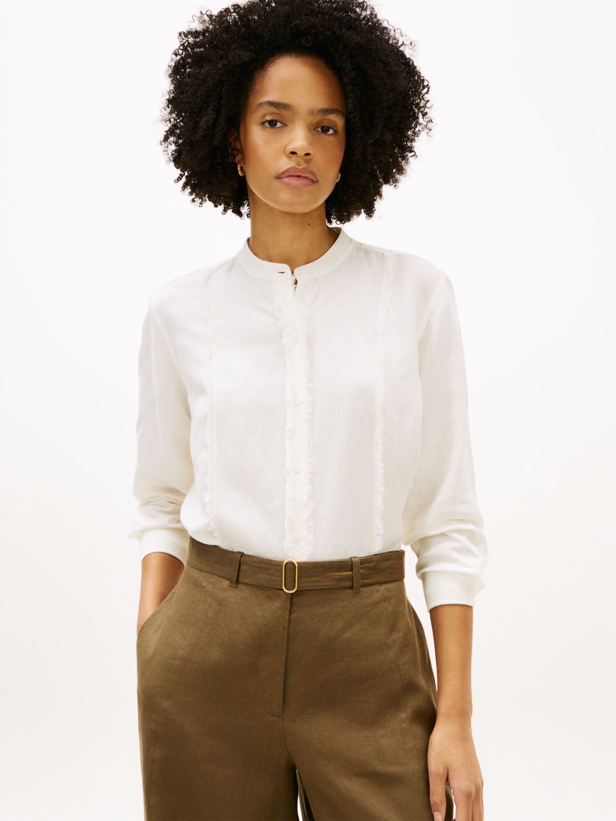 Relaxed Fit Frayed Linen Blend Shirt — White