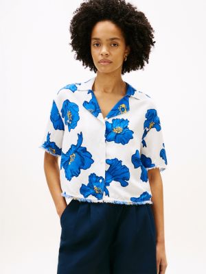 white relaxed fit frayed linen blend shirt for women tommy hilfiger