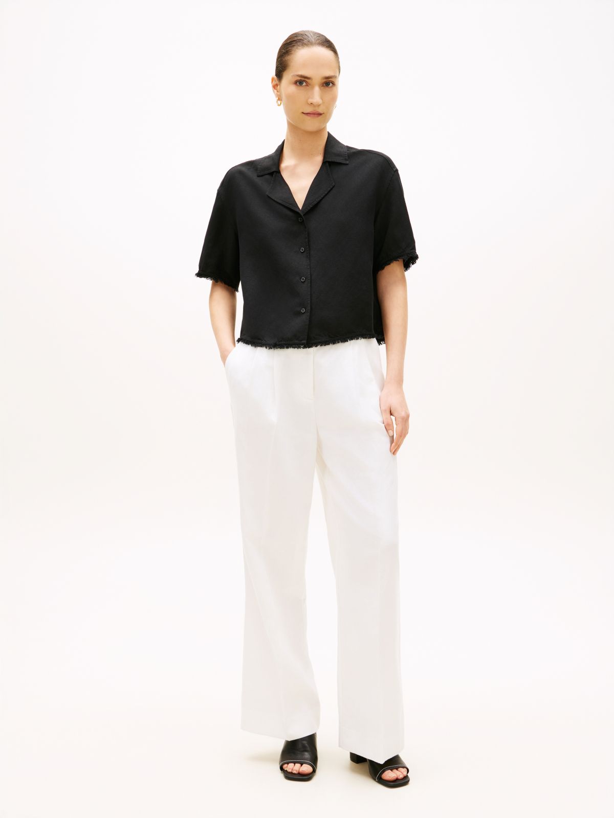 Relaxed Fit Frayed Linen Blend Shirt — Black