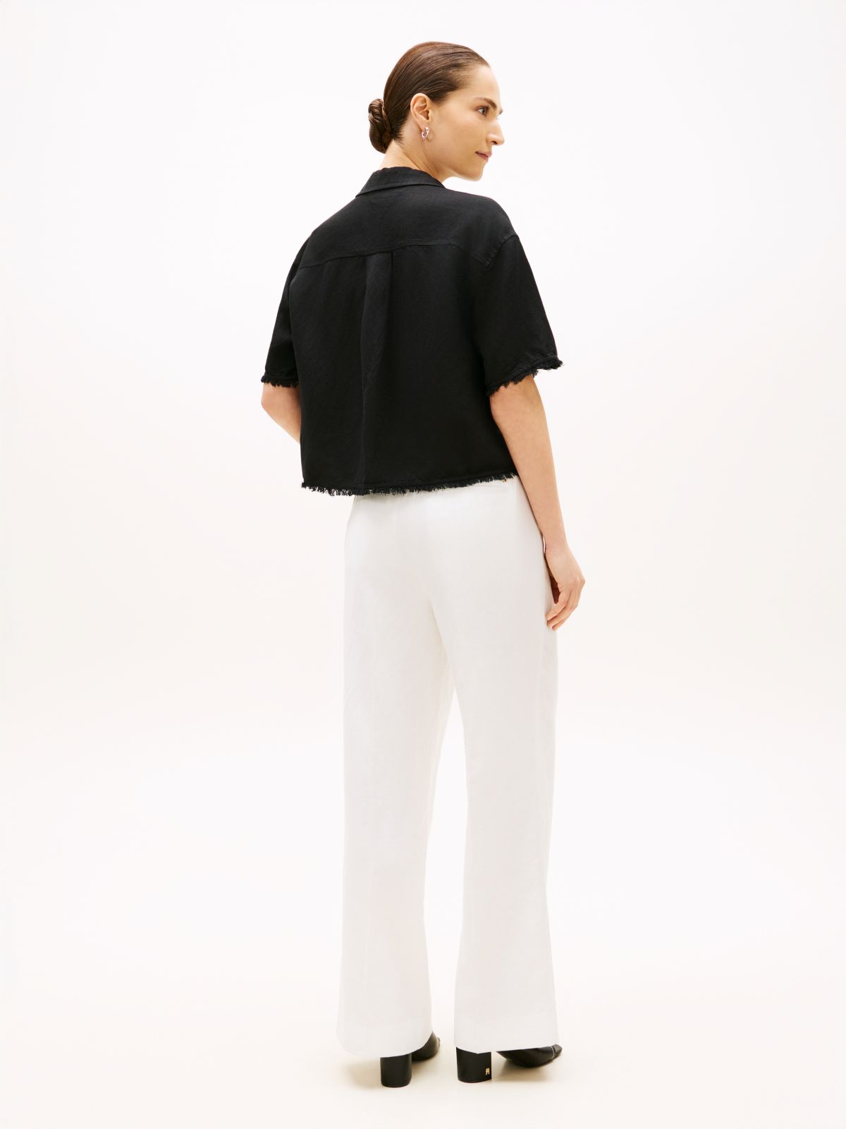 Relaxed Fit Frayed Linen Blend Shirt — Black