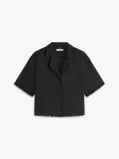 Relaxed Fit Frayed Linen Blend Shirt — Black 5