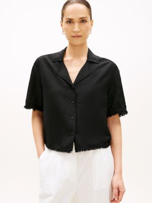 black relaxed fit frayed linen blend shirt for women tommy hilfiger
