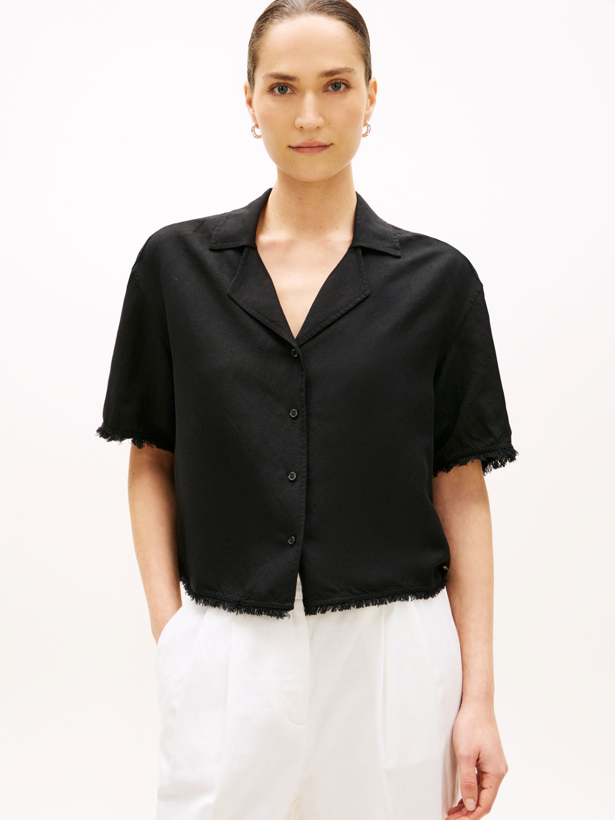 Relaxed Fit Frayed Linen Blend Shirt — Black