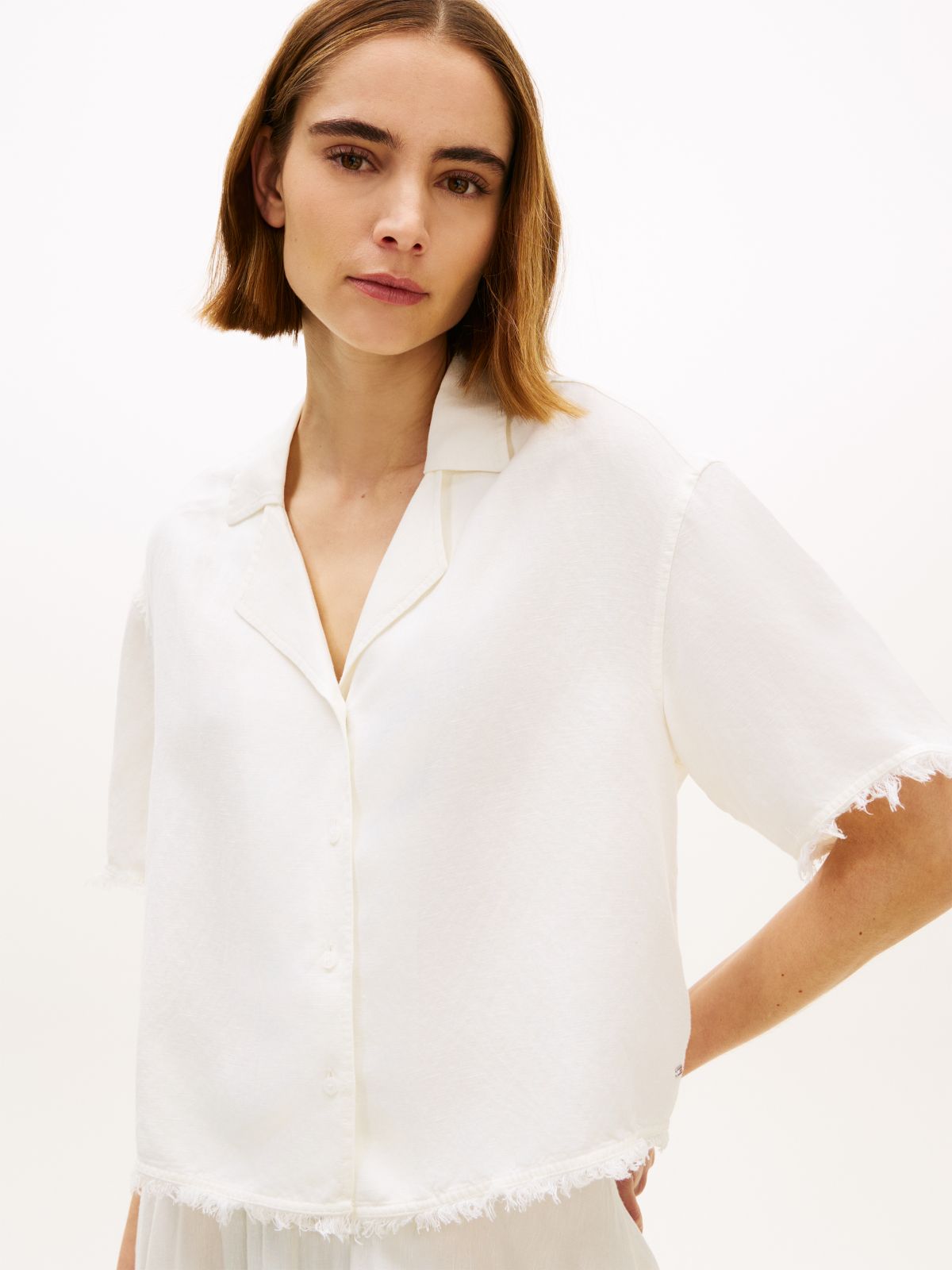 Relaxed Fit Frayed Linen Blend Shirt — White