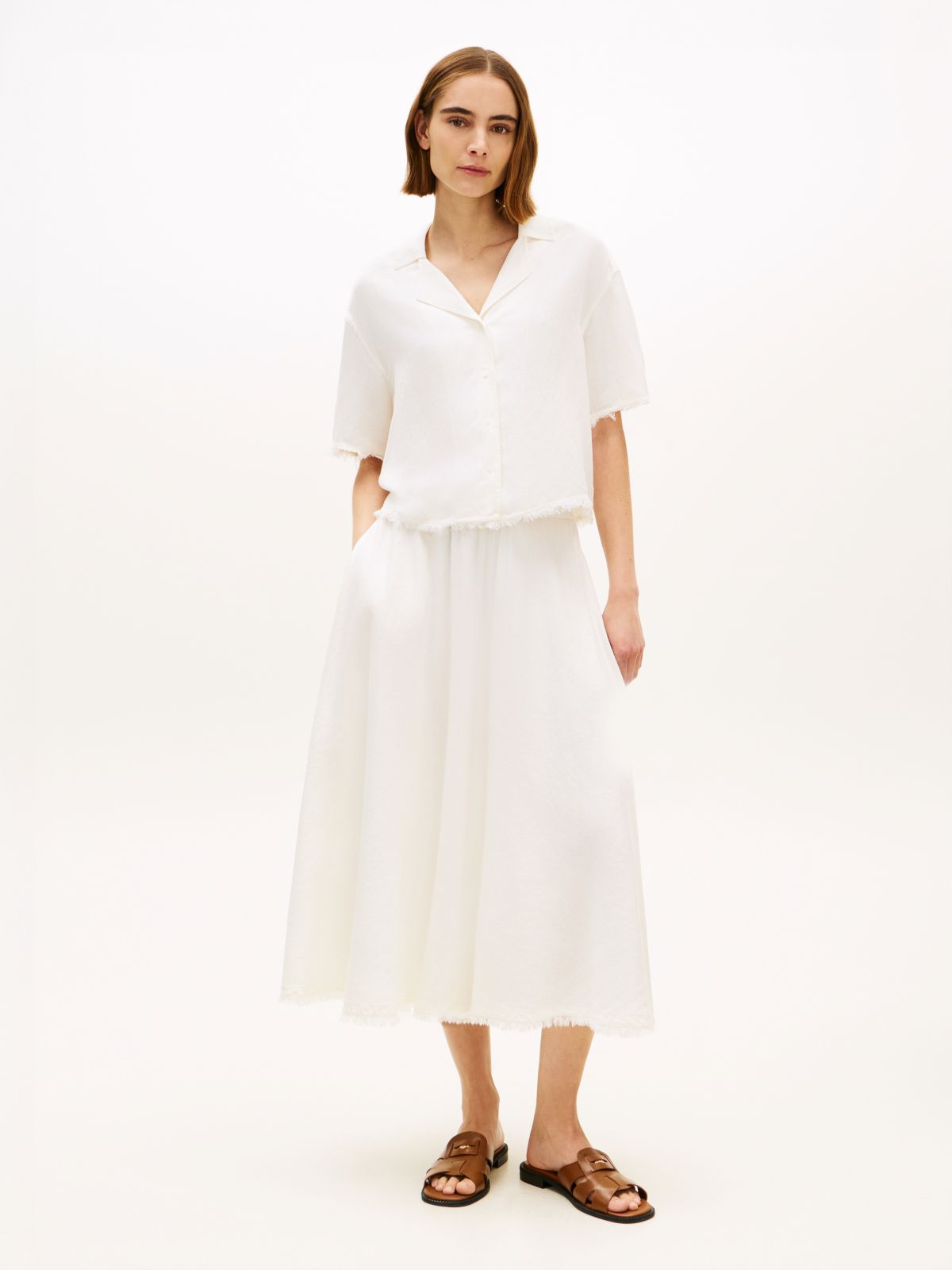 Relaxed Fit Frayed Linen Blend Shirt — White