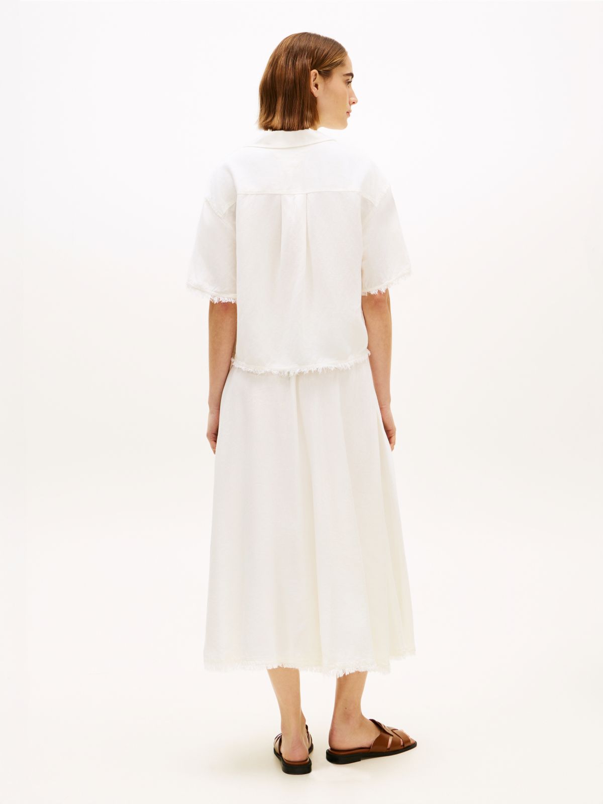 Relaxed Fit Frayed Linen Blend Shirt — White