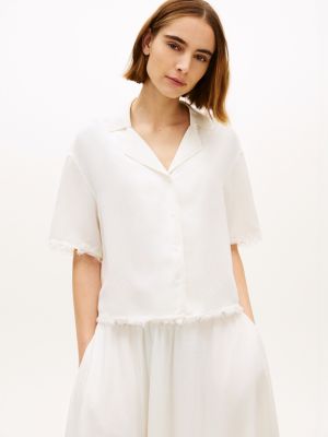 white relaxed fit frayed linen blend shirt for women tommy hilfiger