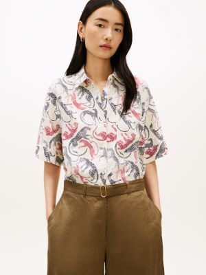 beige relaxed fit pure linen short sleeve shirt for women tommy hilfiger