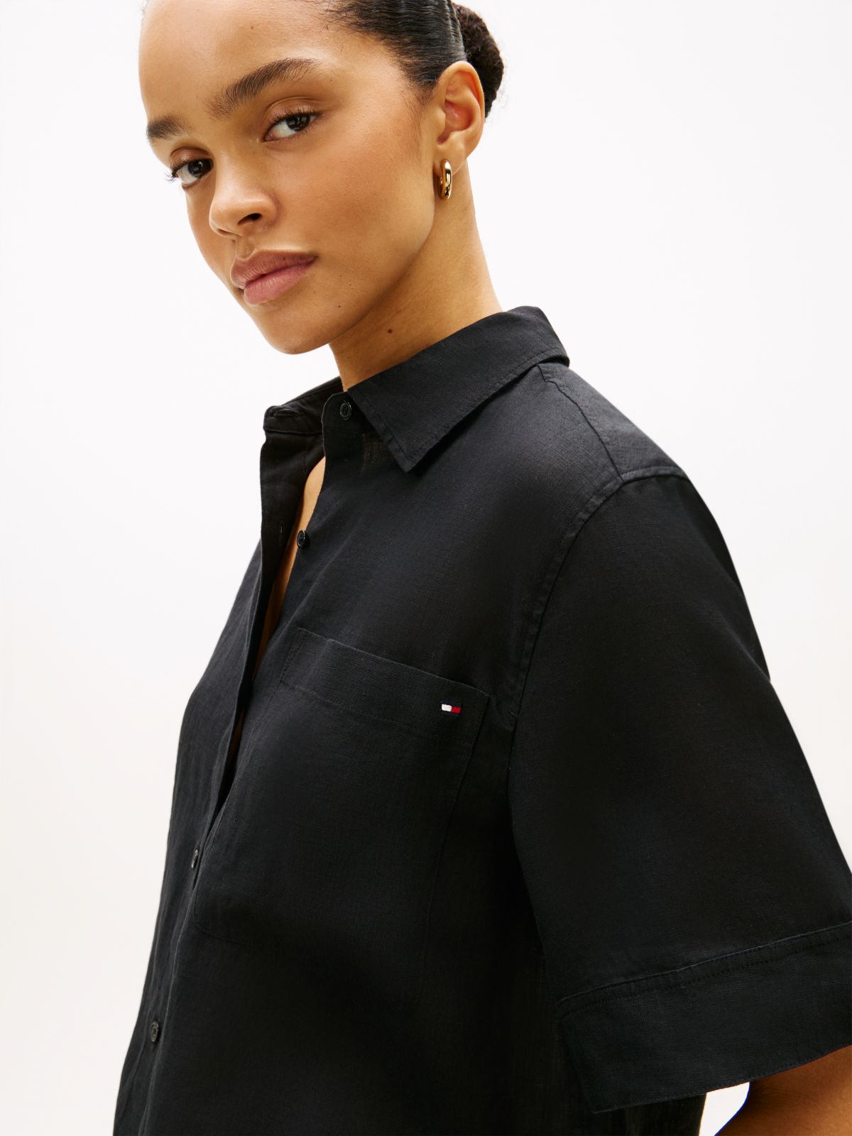 Relaxed Fit Pure Linen Short Sleeve Shirt — Black