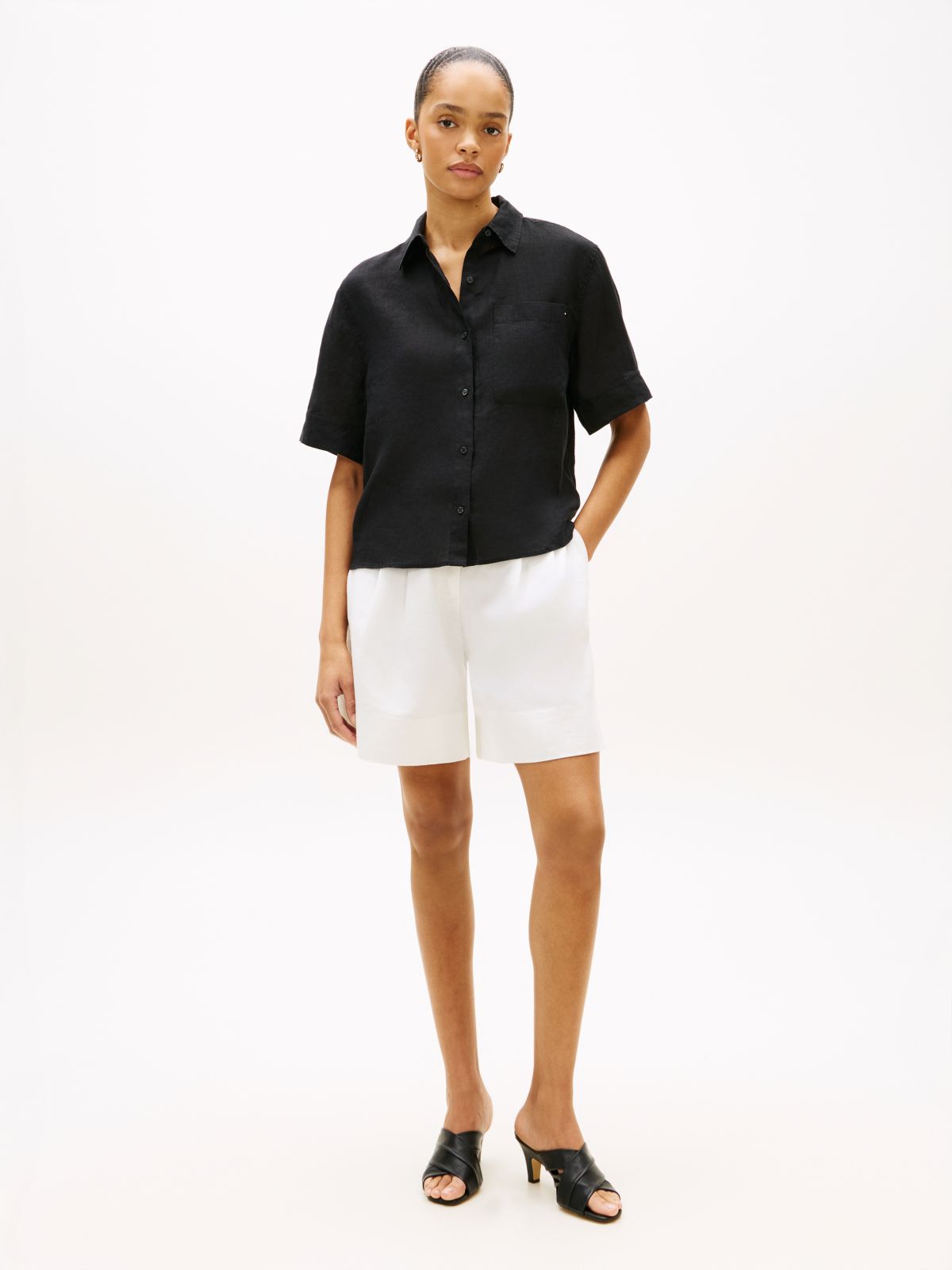 Relaxed Fit Pure Linen Short Sleeve Shirt — Black
