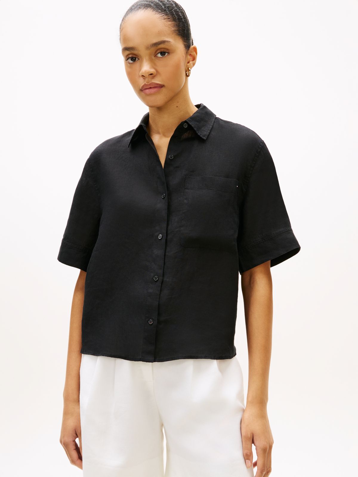 Relaxed Fit Pure Linen Short Sleeve Shirt — Black