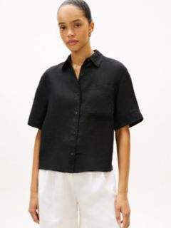 Relaxed Fit Pure Linen Short Sleeve Shirt — Black 1