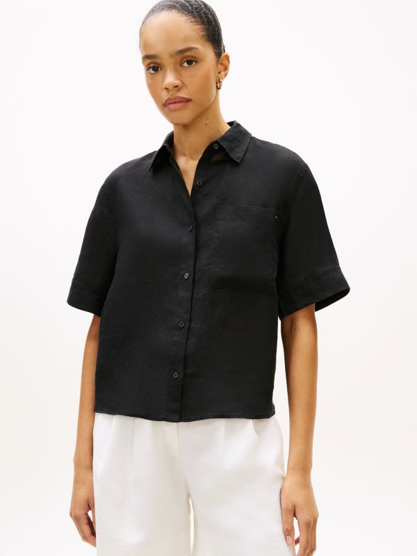 Relaxed Fit Pure Linen Short Sleeve Shirt — Black