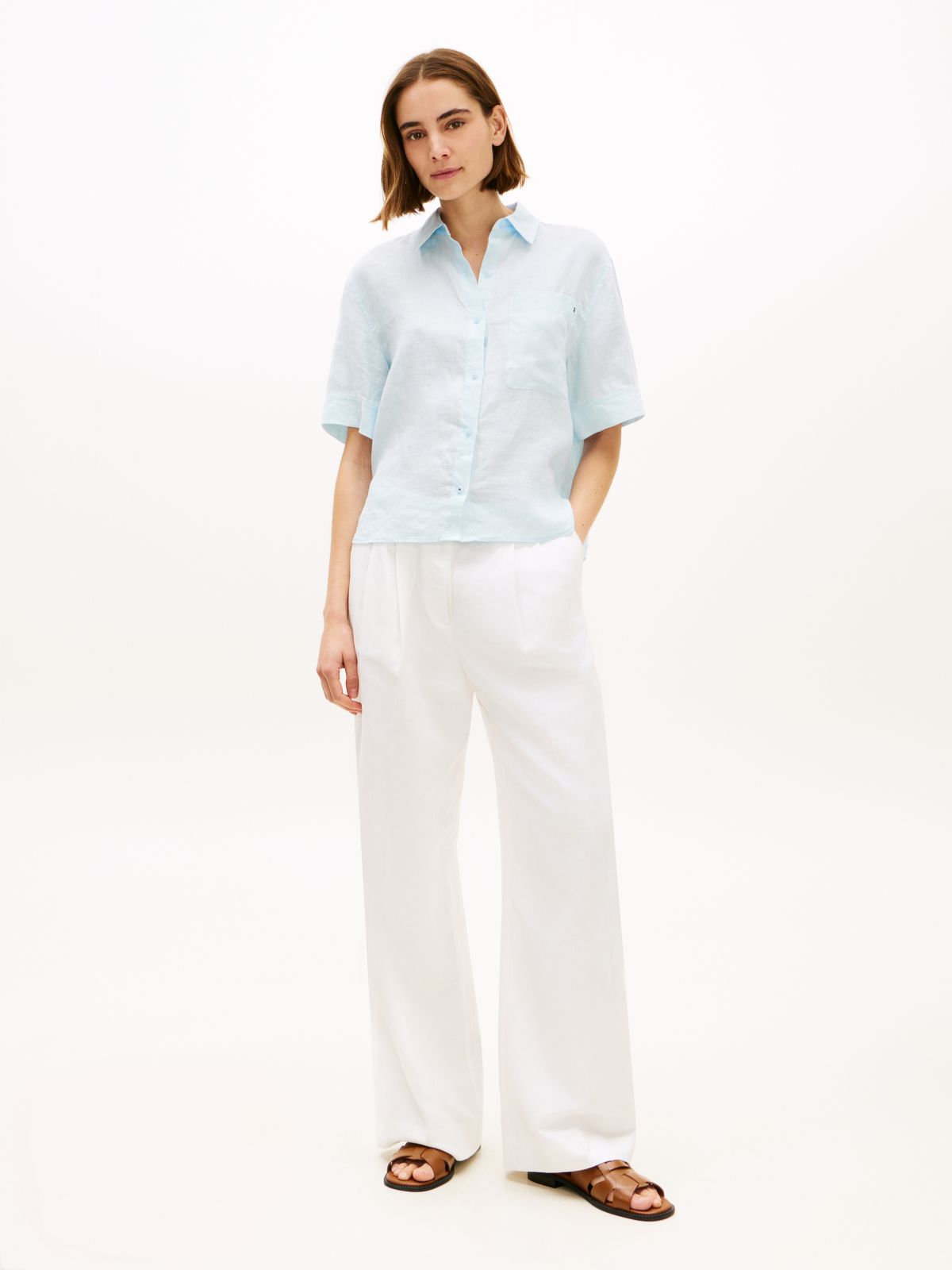Relaxed Fit Pure Linen Short Sleeve Shirt — Blue