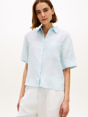 blue relaxed fit pure linen short sleeve shirt for women tommy hilfiger