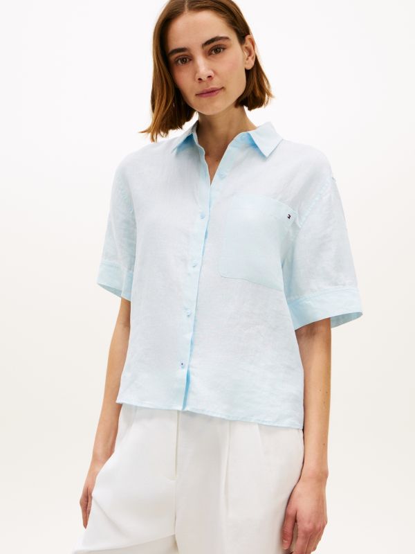 Relaxed Fit Pure Linen Short Sleeve Shirt — Blue