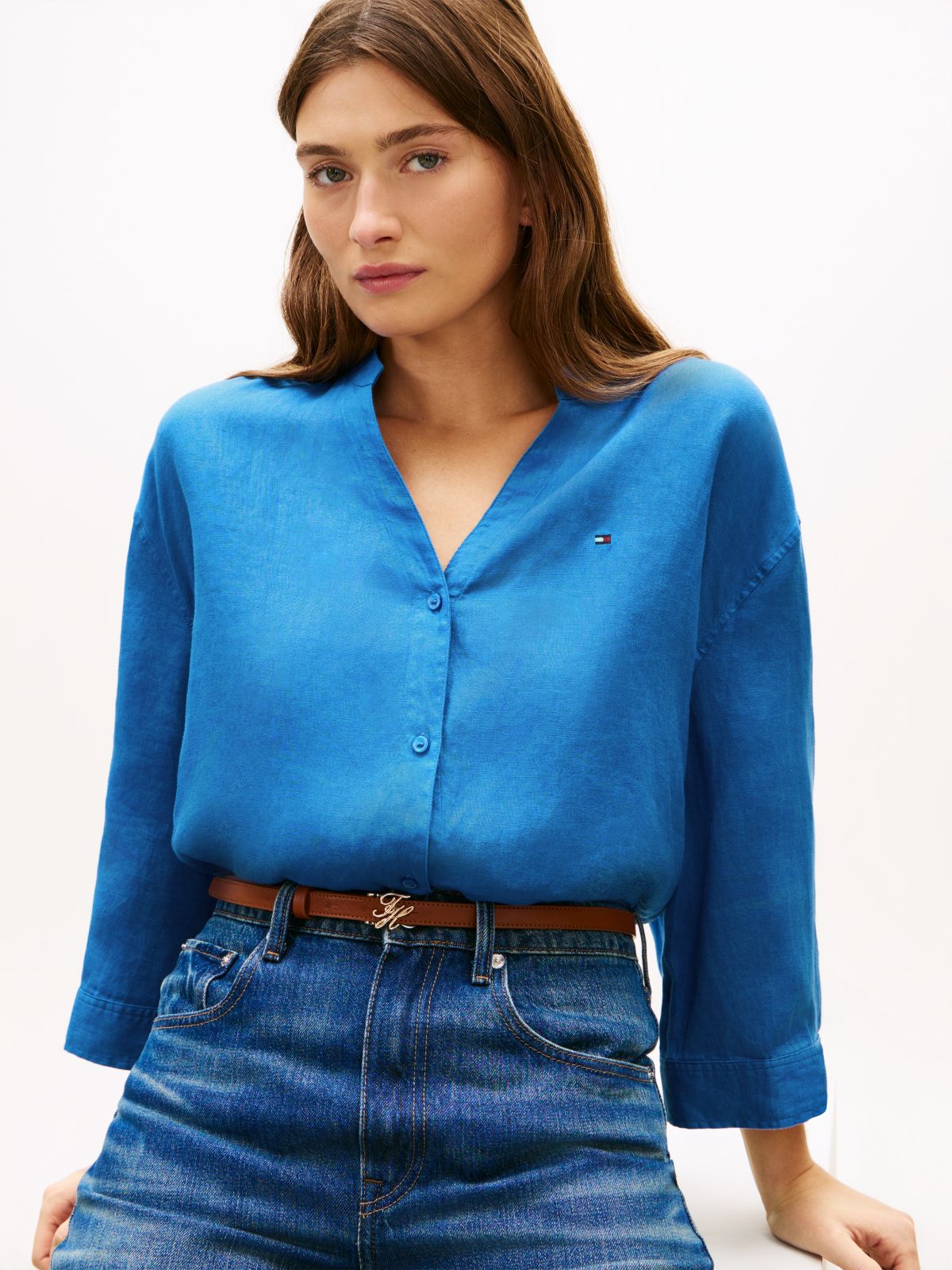 Relaxed Fit Pure Linen Half Sleeve Shirt — Blue