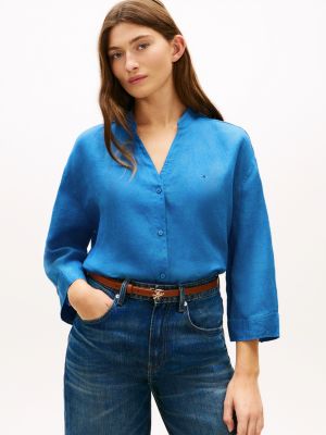 blue relaxed fit pure linen half sleeve shirt for women tommy hilfiger