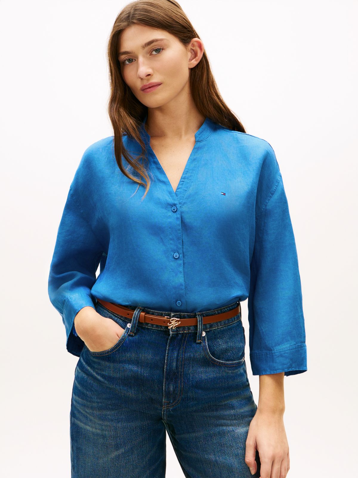 Relaxed Fit Pure Linen Half Sleeve Shirt — Blue