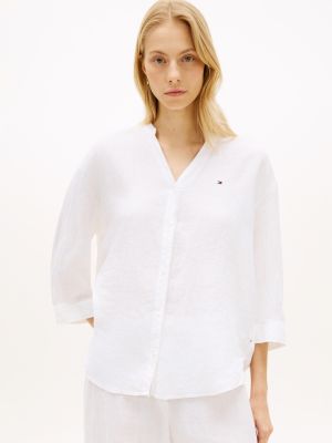 white relaxed fit pure linen half sleeve shirt for women tommy hilfiger
