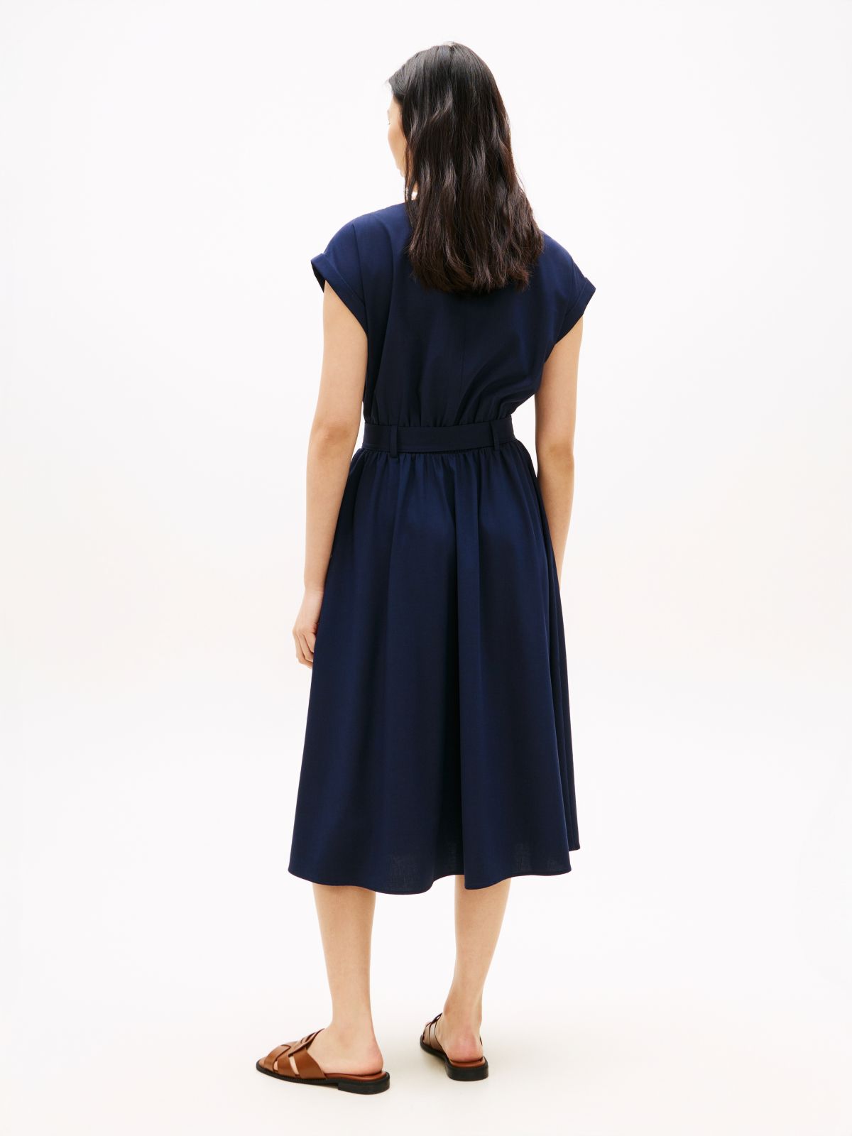 Belted Relaxed Midi Dress With Wool — Blue