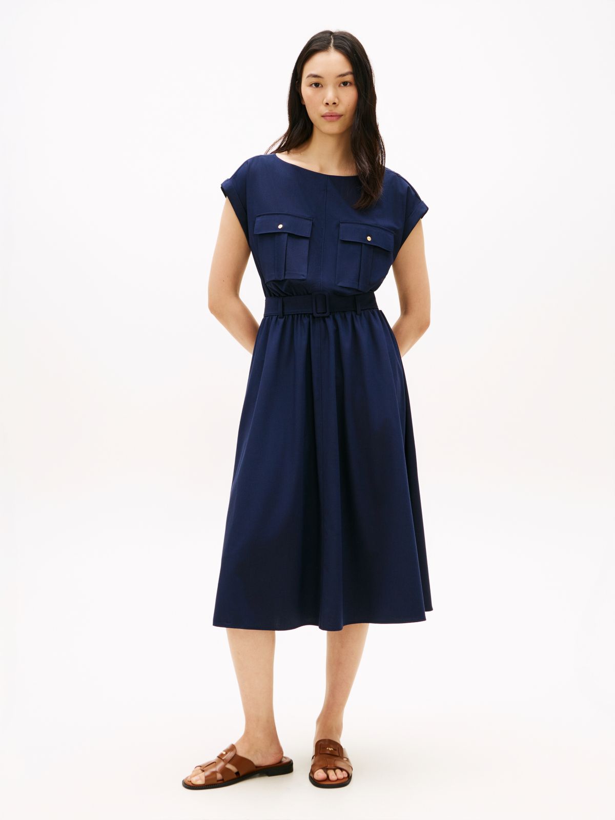 Belted Relaxed Midi Dress With Wool — Blue