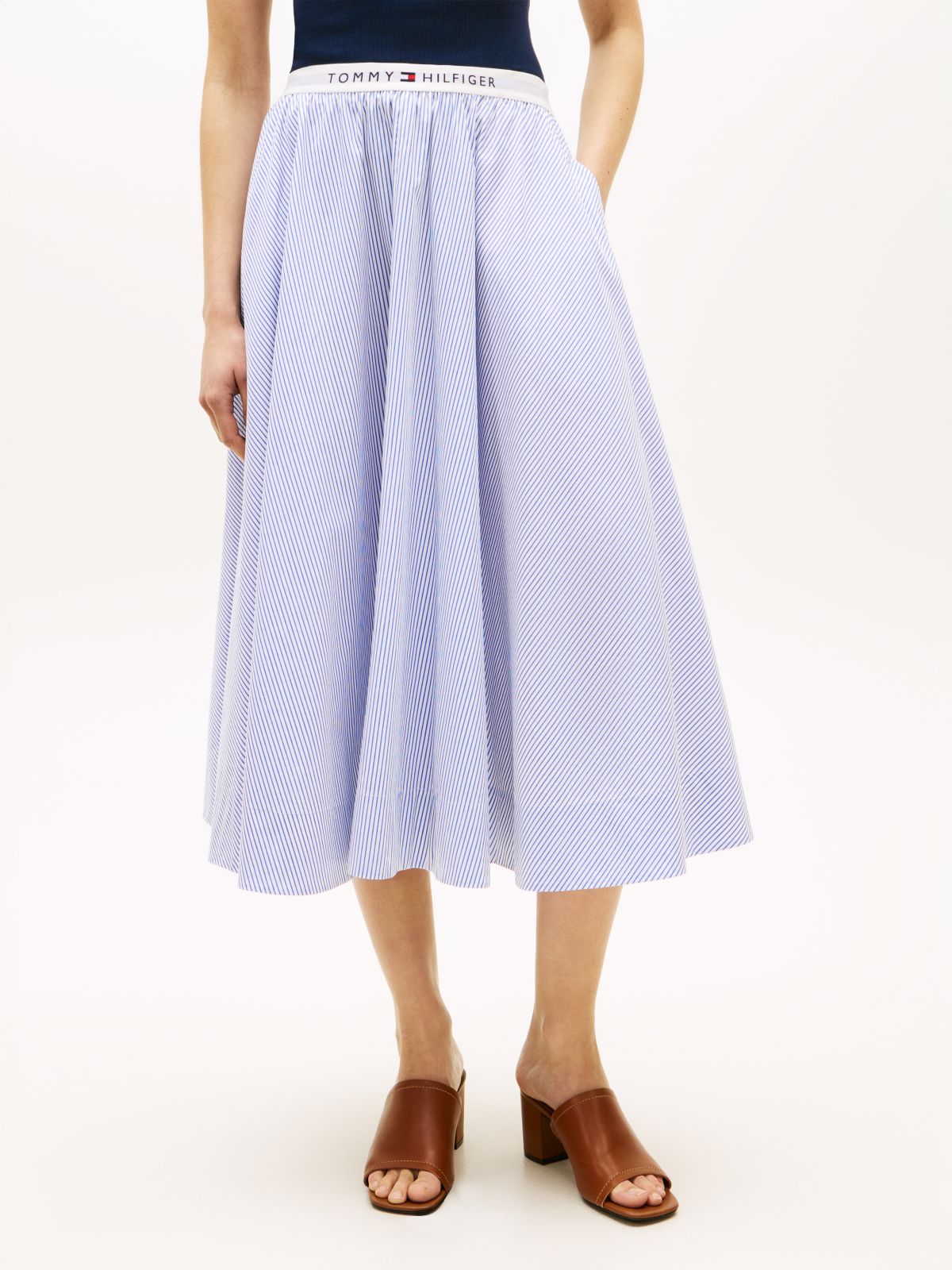 Logo Waistband Midi A-Line Skirt — Blue
