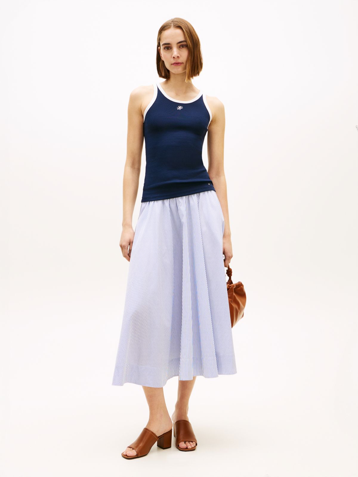 Logo Waistband Midi A-Line Skirt — Blue