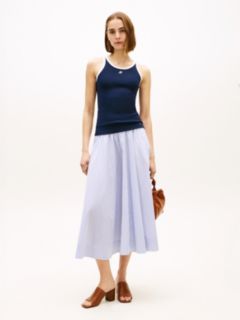 Logo Waistband Midi A-Line Skirt — Blue 1