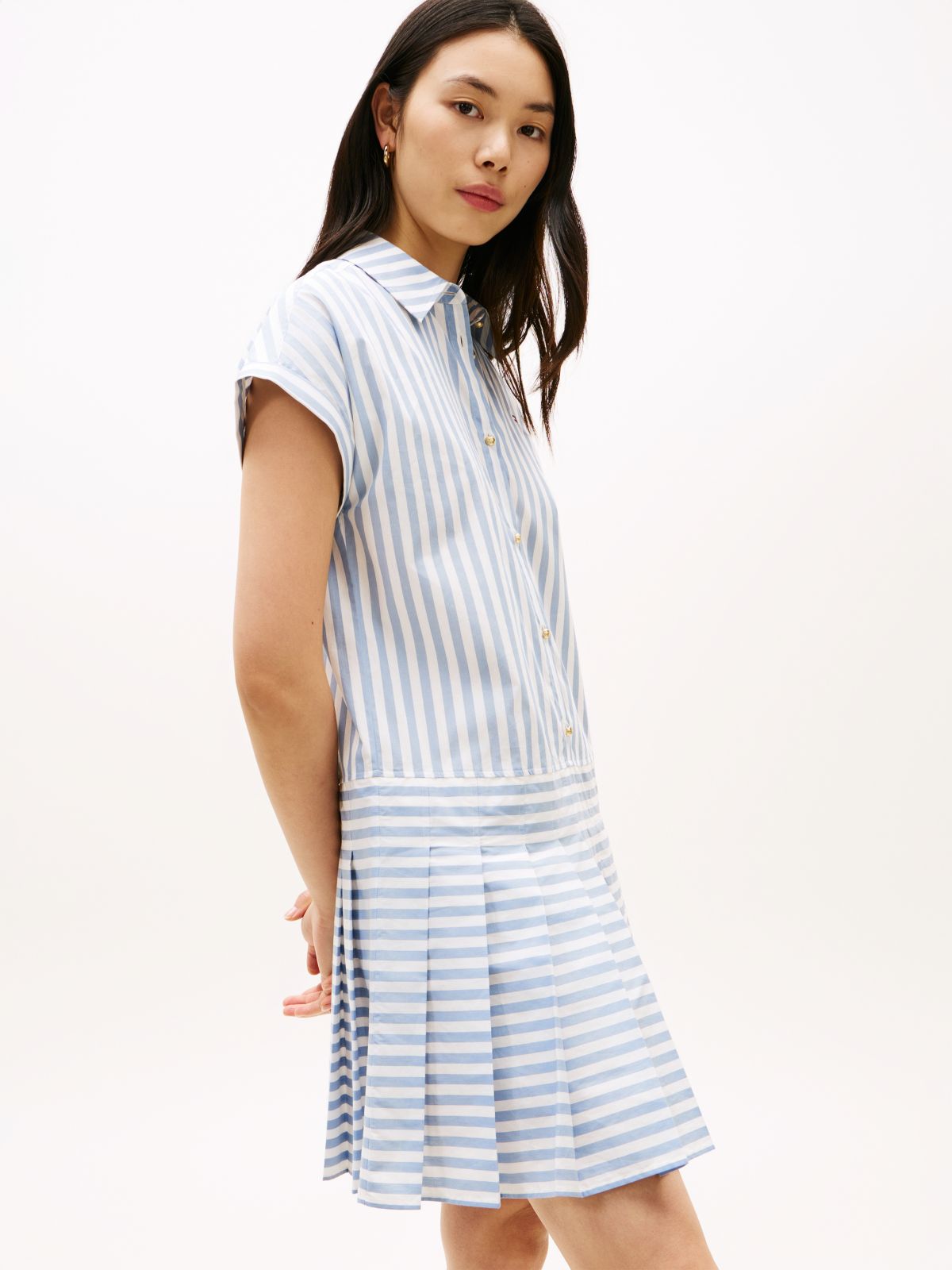 Gold-Tone Button Relaxed Mini Shirt Dress — Beige