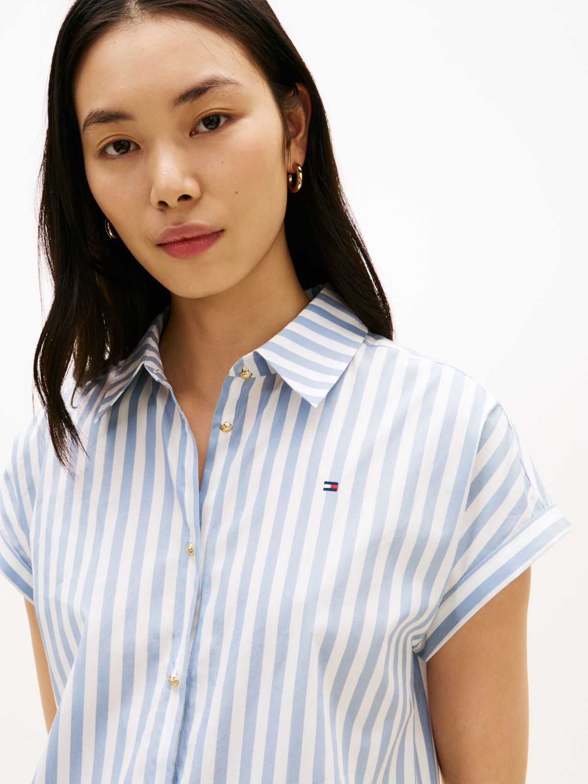 Gold-Tone Button Relaxed Mini Shirt Dress — Beige