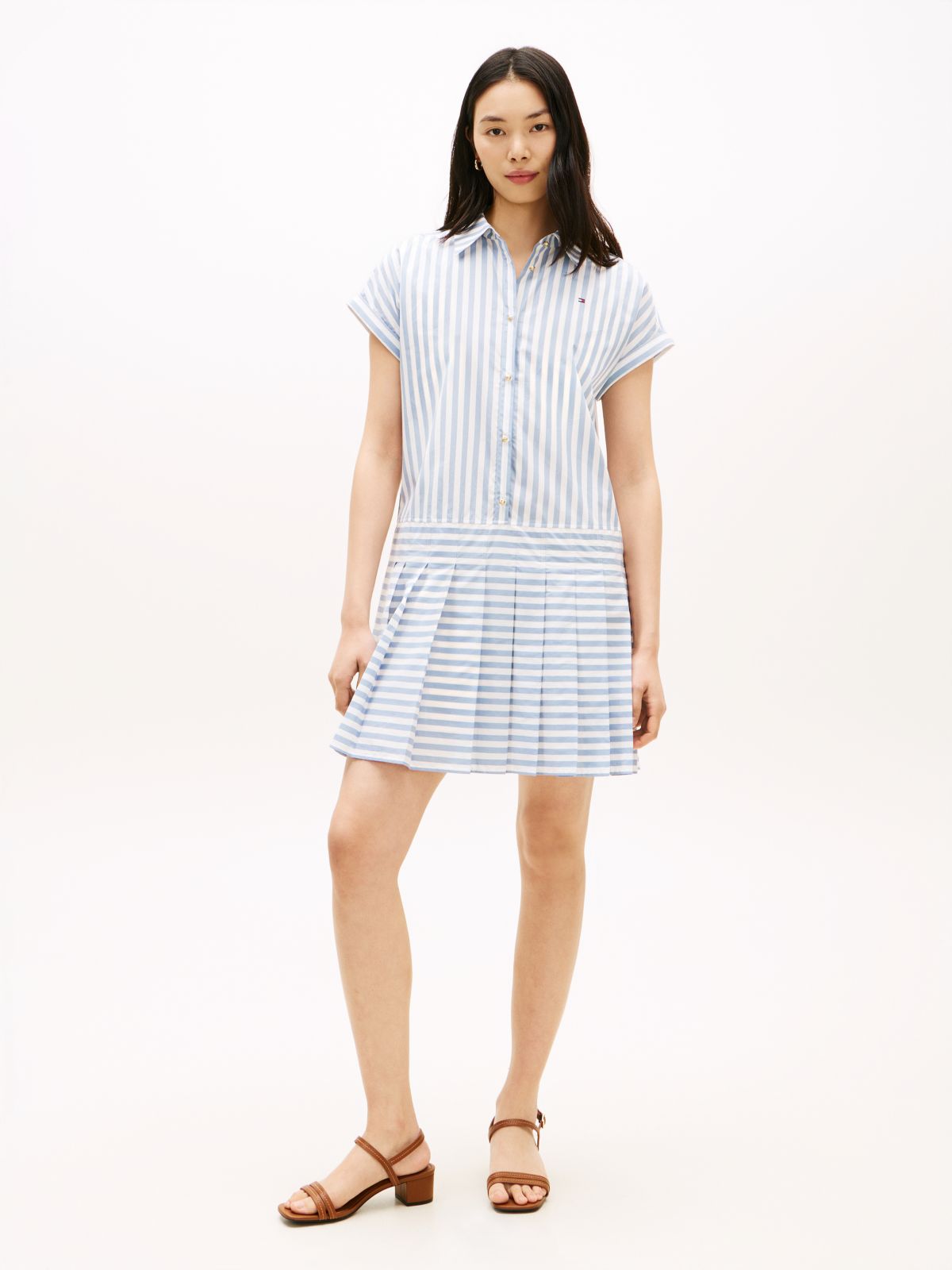 Gold-Tone Button Relaxed Mini Shirt Dress — Beige