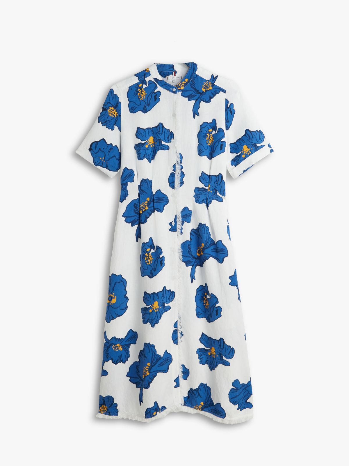 Frayed Linen Blend Midi Shirt Dress — White