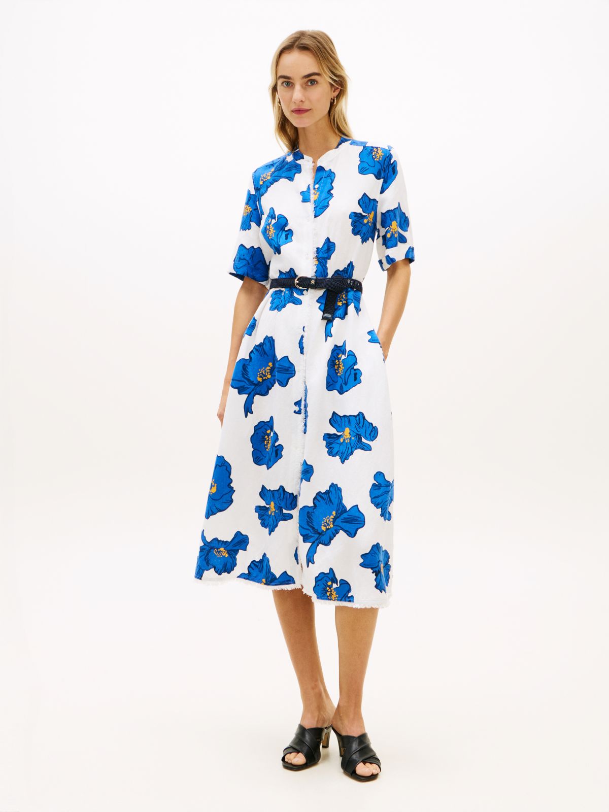 Frayed Linen Blend Midi Shirt Dress — White