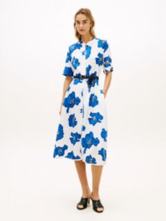 Frayed Linen Blend Midi Shirt Dress — White 1