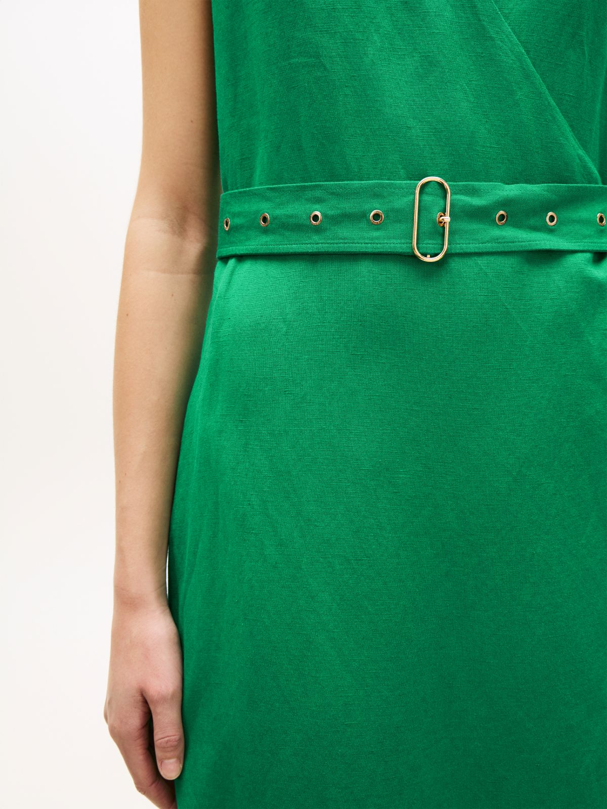 Belted Linen Blend Sleeveless Wrap Midi Dress — Green