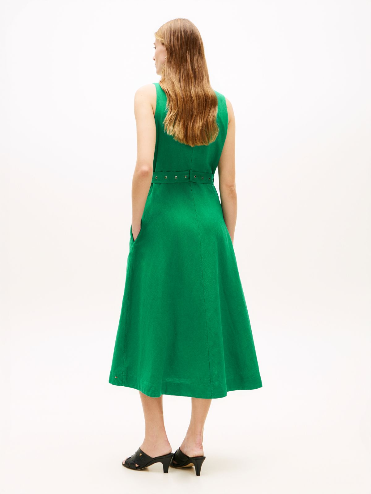 Belted Linen Blend Sleeveless Wrap Midi Dress — Green