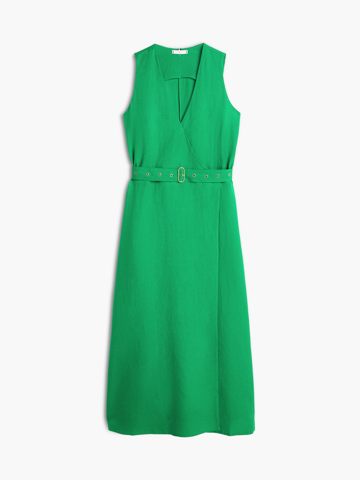 Belted Linen Blend Sleeveless Wrap Midi Dress — Green