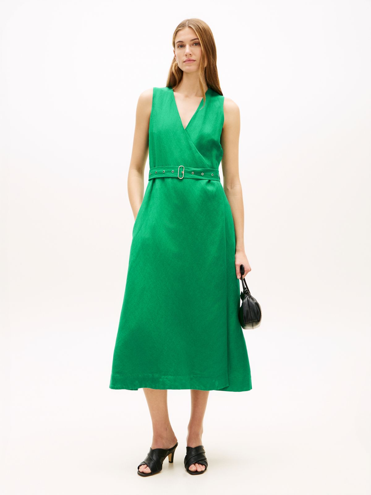 Belted Linen Blend Sleeveless Wrap Midi Dress — Green