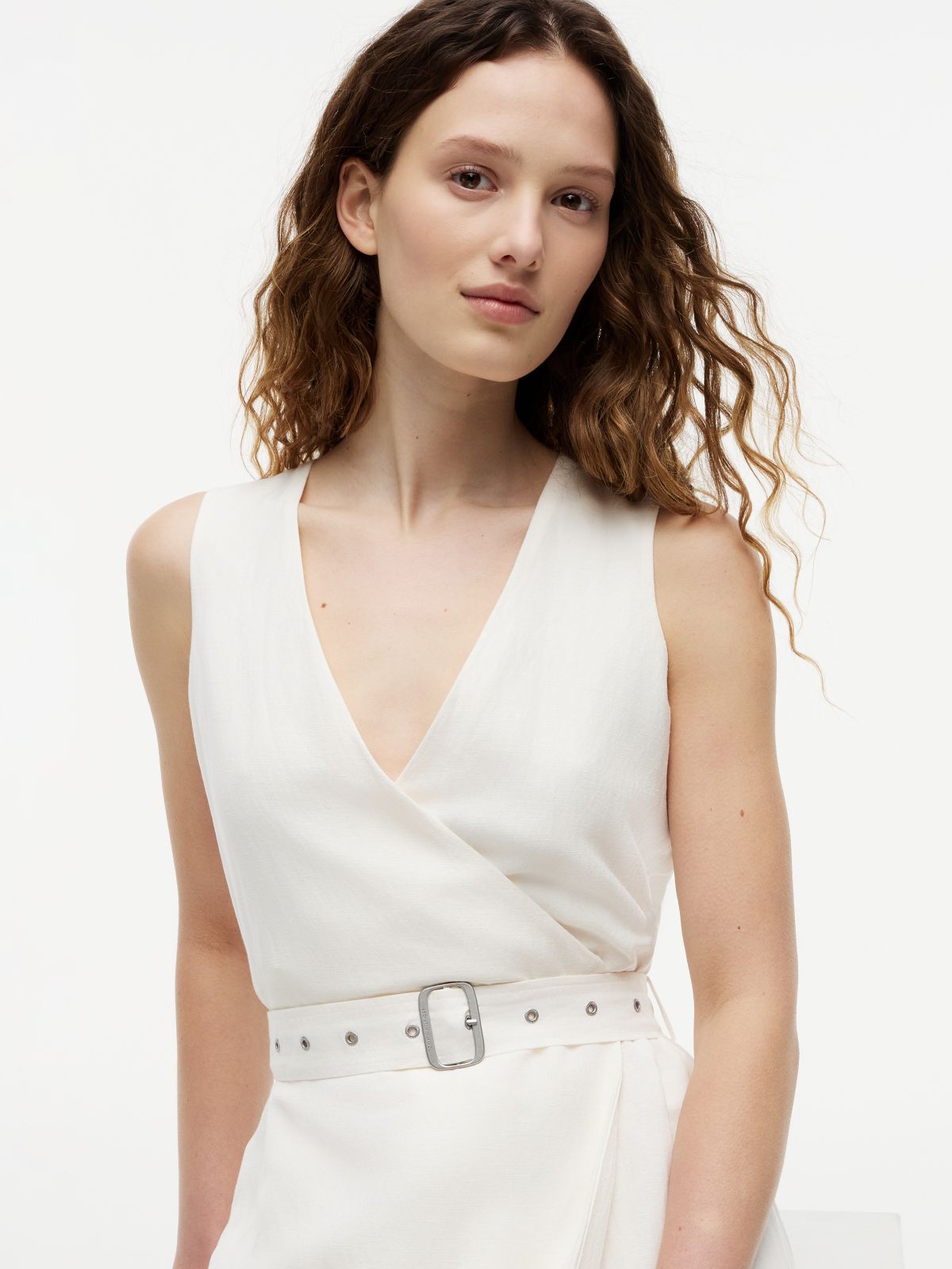 Belted Linen Blend Sleeveless Wrap Midi Dress — White