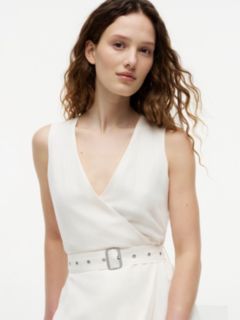 Belted Linen Blend Sleeveless Wrap Midi Dress — White 2