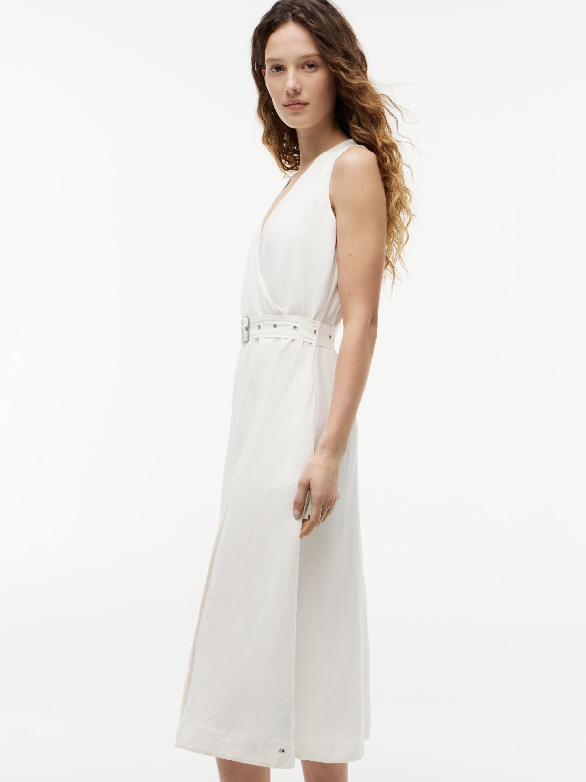 Belted Linen Blend Sleeveless Wrap Midi Dress — White