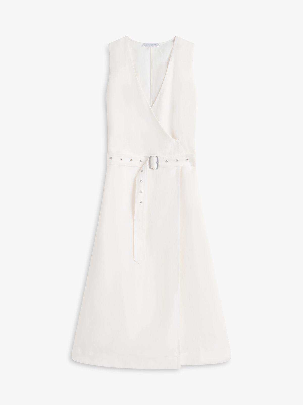 Belted Linen Blend Sleeveless Wrap Midi Dress — White