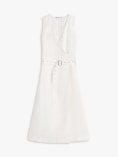 Belted Linen Blend Sleeveless Wrap Midi Dress — White 5